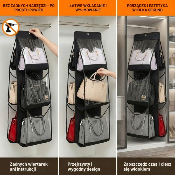 Wiszący organizer na torebki (6 przegród) – idealny porządek w szafie i bezpieczne przechowywanie