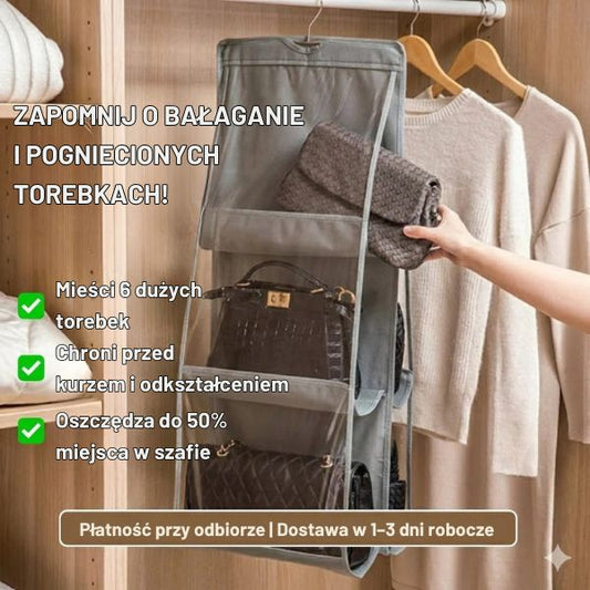 Wiszący organizer na torebki (6 przegród) – idealny porządek w szafie i bezpieczne przechowywanie